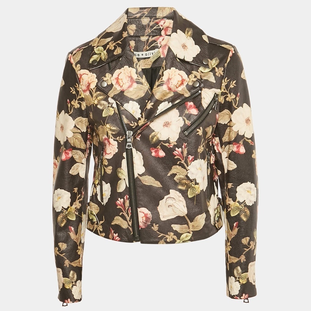 $1195 Alice + Olivia Cody Crop Floral-Print Leather Moto Jacket size M
